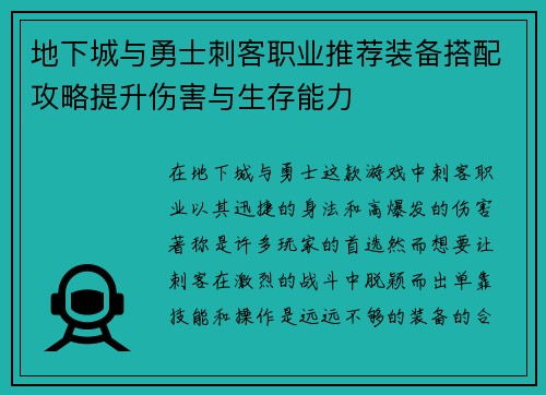地下城与勇士刺客职业推荐装备搭配攻略提升伤害与生存能力